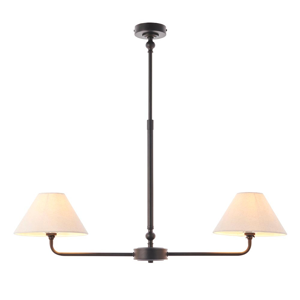 Endon Caldmere 2 Light Pendant in black with a telescopic stem and linear bar holding two tapered natural linen shades, shown on a white background.