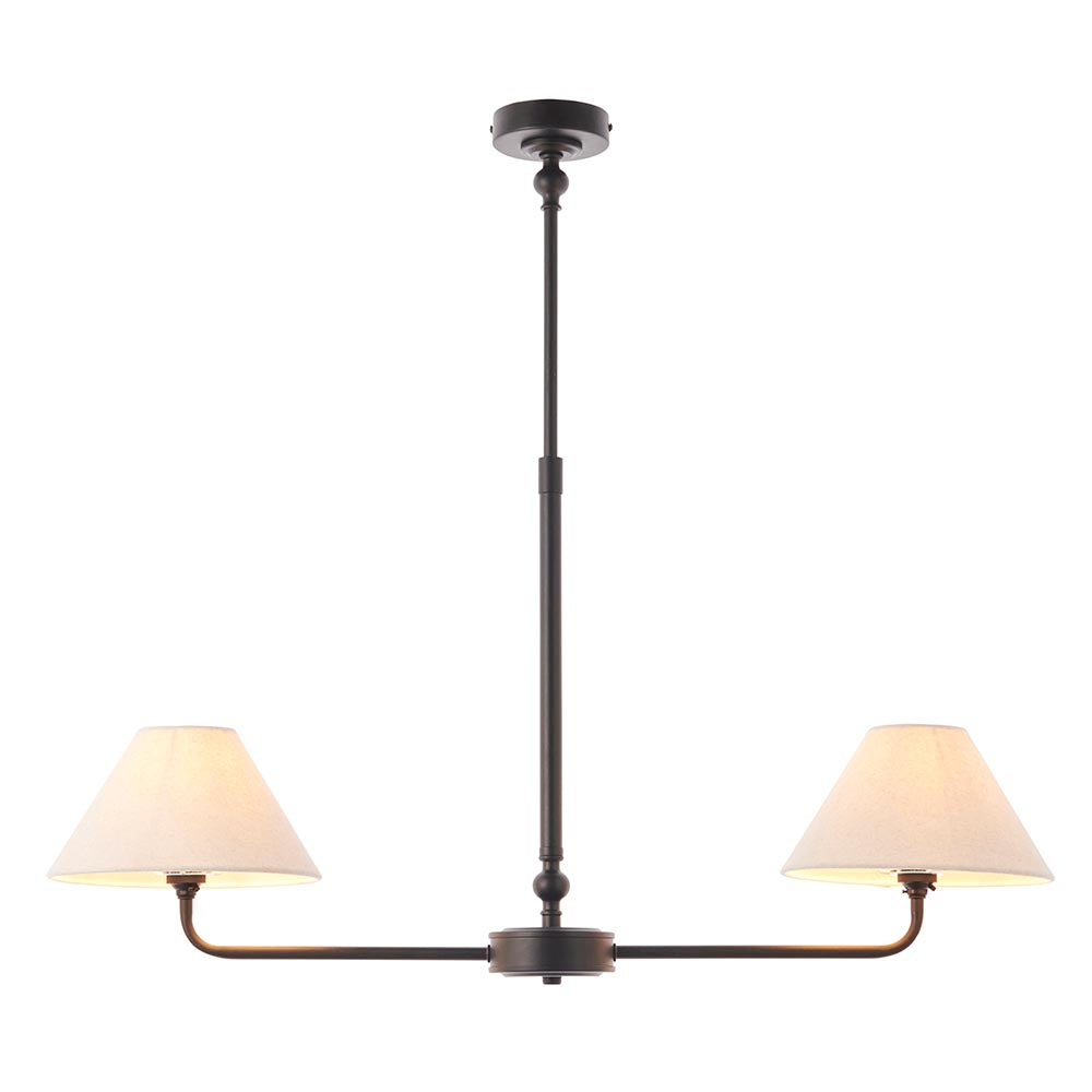 Endon Caldmere 2 light pendant with tapered natural linen shades on a slim horizontal bar and matt black telescopic stem, on a white background.