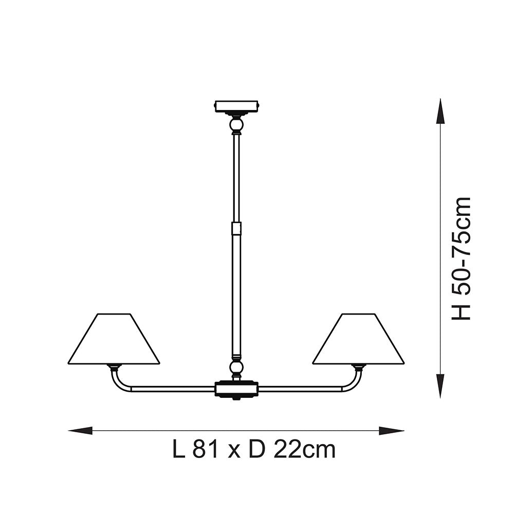 Dimension diagram of the Endon Caldmere 2 light pendant showing 81cm length, 22cm depth, and adjustable 50-75cm height on a white background.