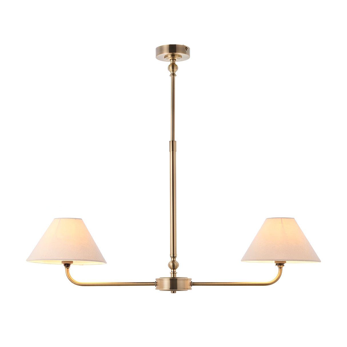 Caldmere 2-light pendant with brass finish, telescopic stem, and two tapered natural linen shades on a horizontal bar, shown on a plain white background.