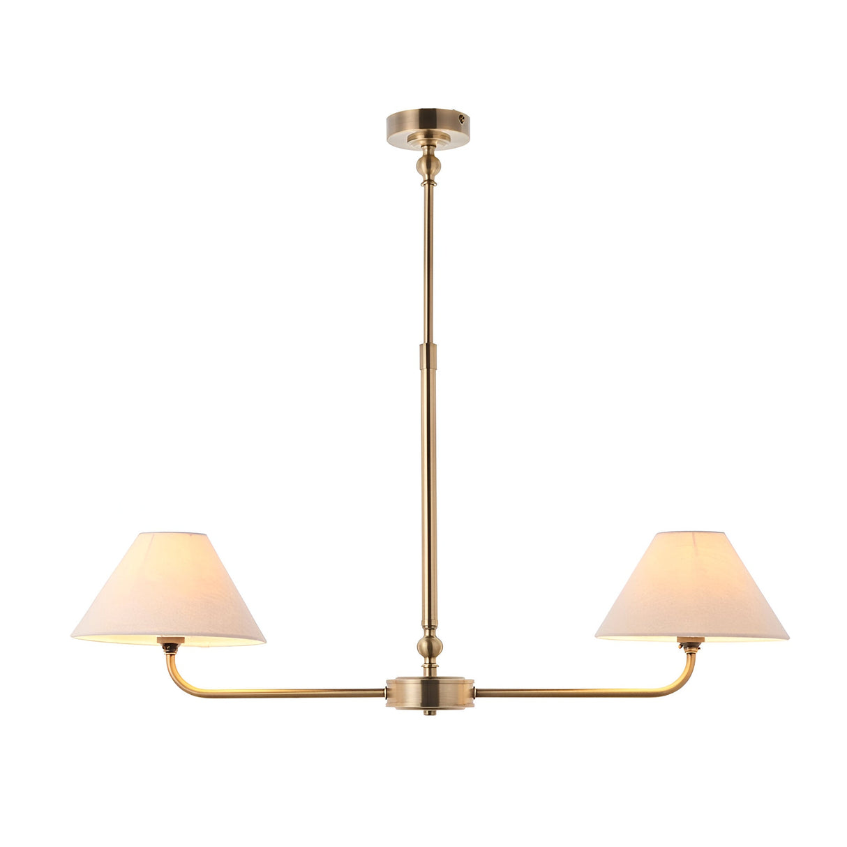 Caldmere 2-light pendant with brass telescopic stem and dual tapered natural linen shades on a horizontal bar, shown on a plain white background.