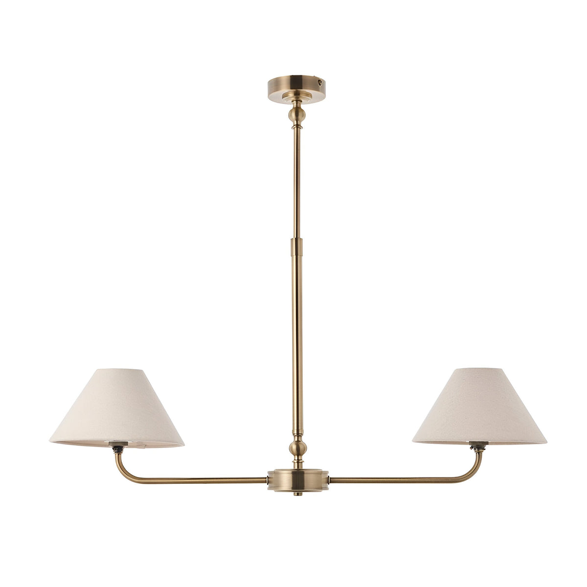 Caldmere 2-light pendant with brass finish and linear bar, two tapered natural linen shades, telescopic stem and ceiling rose, shown on a white background.