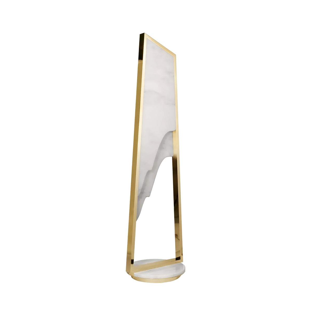 The Atria LED Small Alabaster Floor Lamp features a modern brushed brass frame with an artistic alabaster accent, offering stylish ambient lighting and contemporary design for your space.