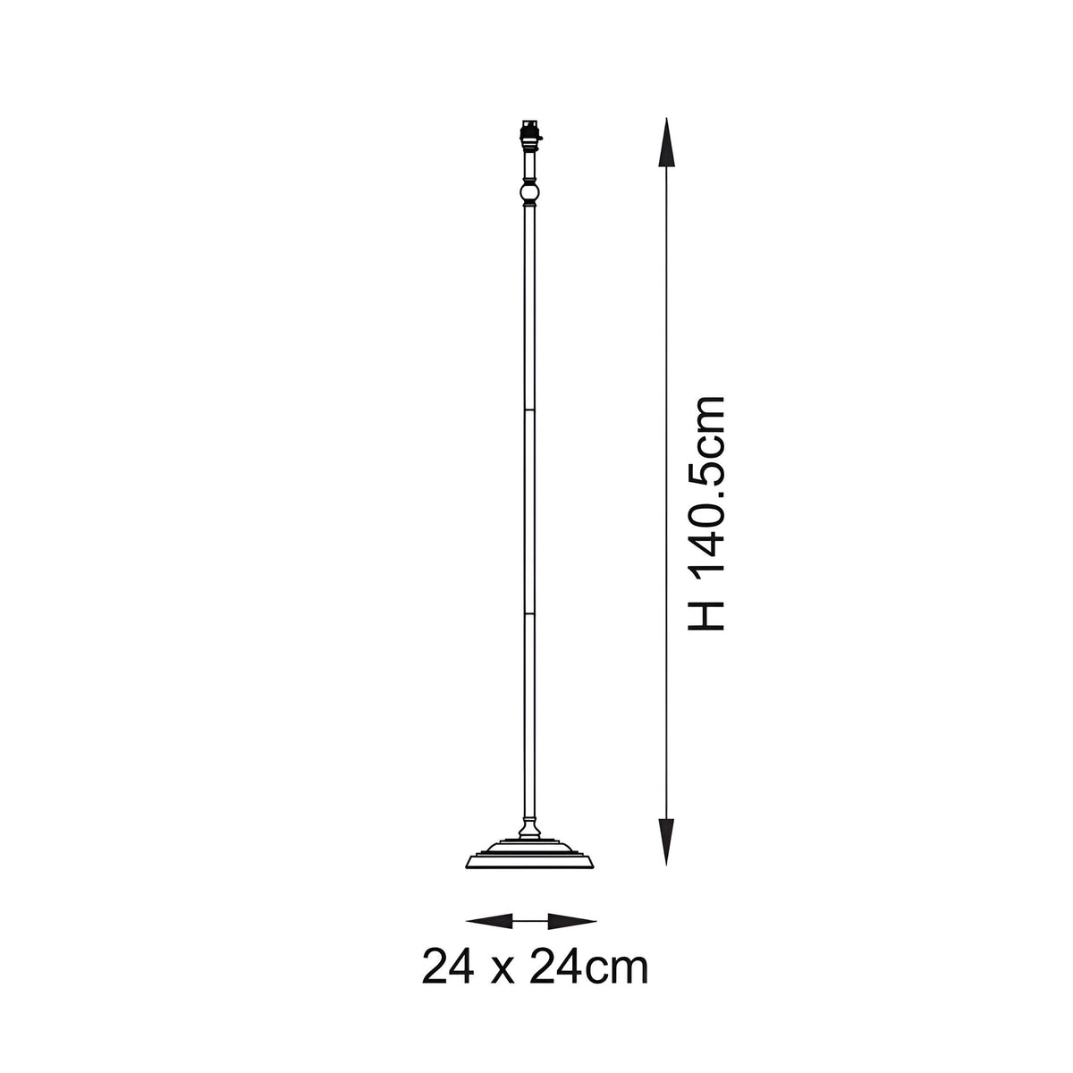 Dimension diagram of the Endon Caldmere floor lamp showing a height of 140.5cm and a 24 x 24cm base on a plain white background.
