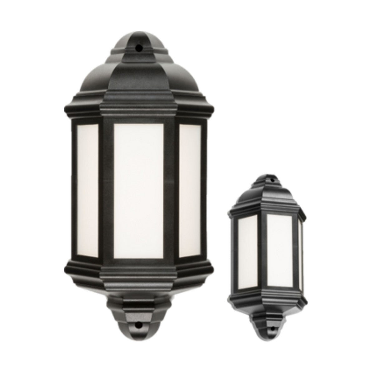 This set includes two Outdoor LED Half Wall Lanterns, featuring a black polycarbonate frame and frosted glass panels. The larger and smaller lanterns boast a classic design with hexagonal shapes and decorative ridges, offering cool white illumination. These lanterns are crafted specifically for outdoor use.