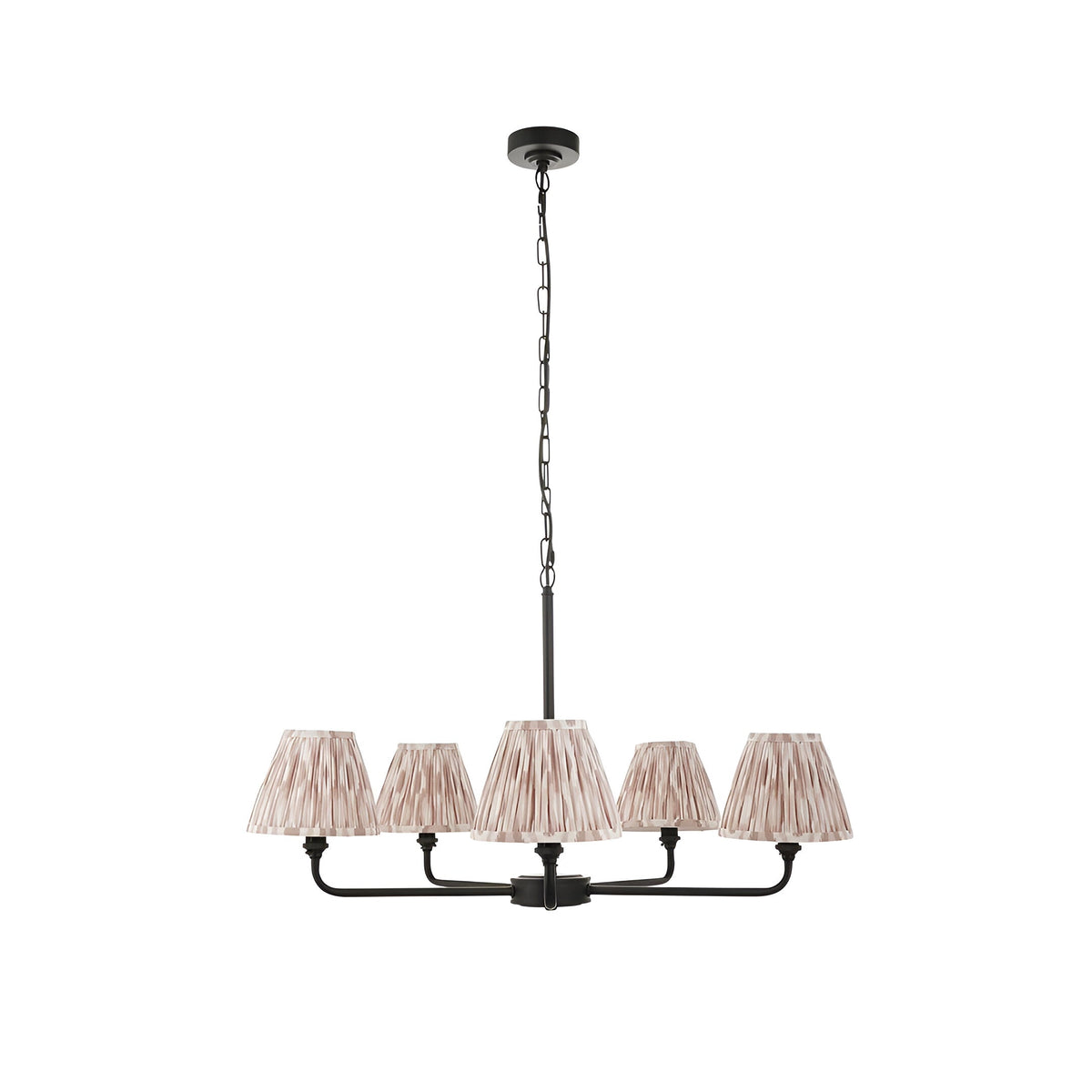 Caldmere 5-Light Ikat Pendant in Natural, matt black frame with five pleated fabric taper shades on a height-adjustable chain.