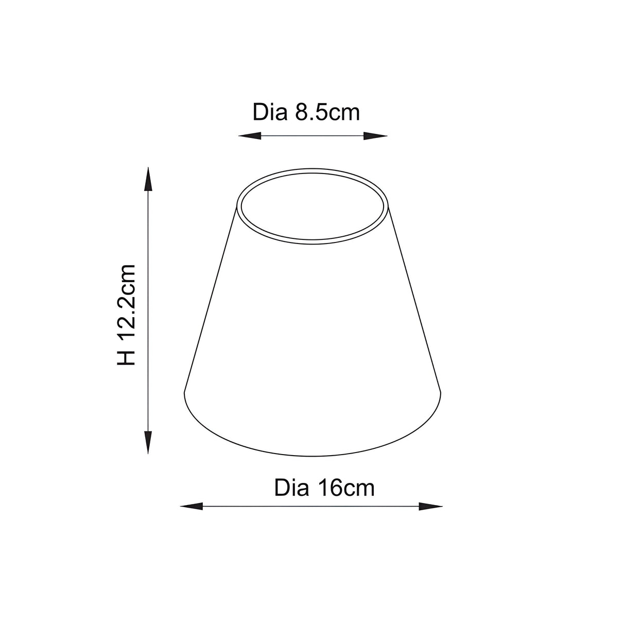 Line drawing of a tapered fabric lampshade for the Caldmere pendant, showing 16cm base diameter, 8.5cm top diameter, and 12.2cm height.