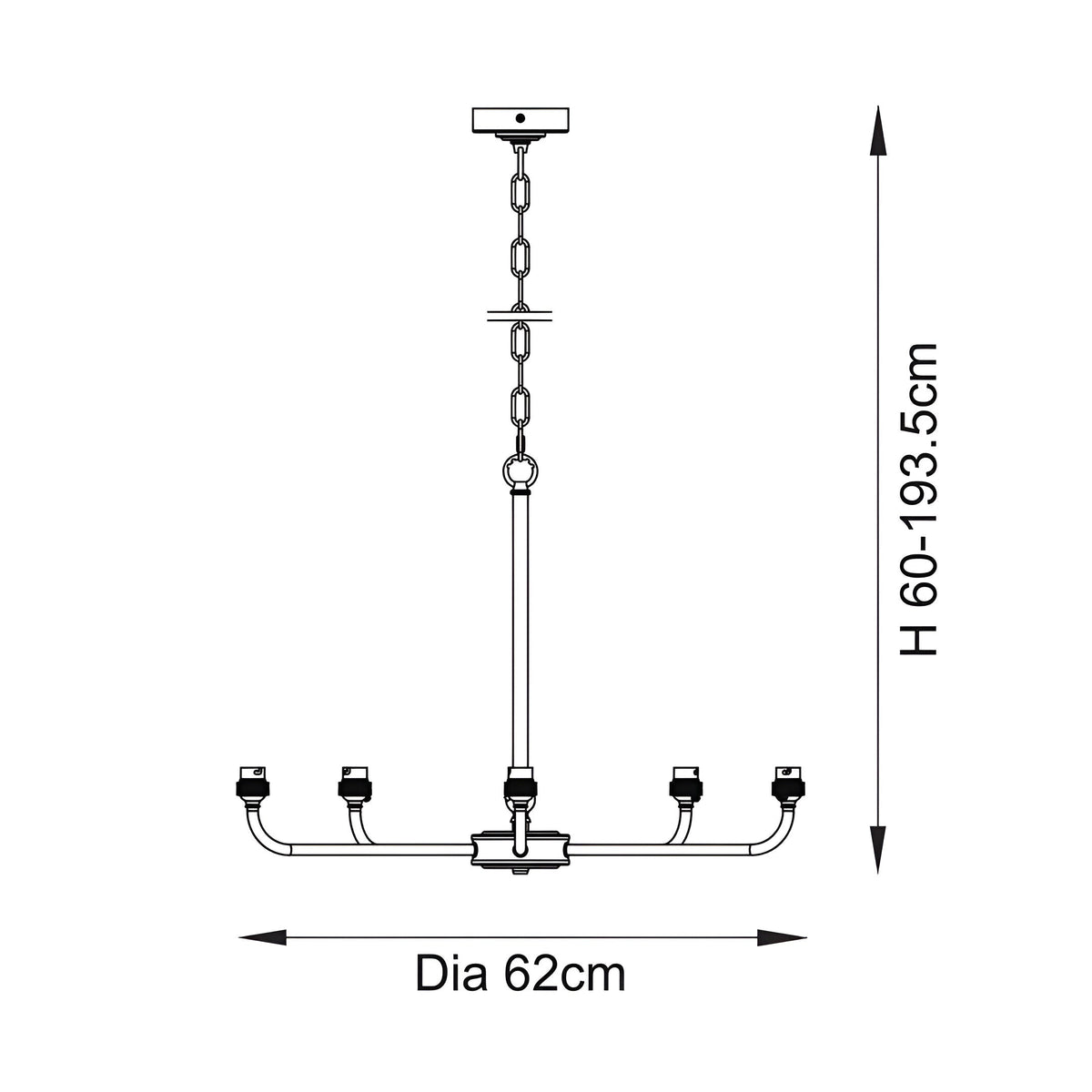 Technical line drawing of the Caldmere 5 Light Ikat Pendant with a linear five-arm frame, chain suspension, 60-193.5cm adjustable height, and 62cm diameter.