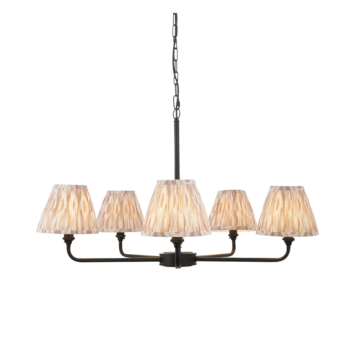 Caldmere 5-light Ikat pendant in Natural, featuring tapered pleated fabric shades on a matt black frame with adjustable chain.