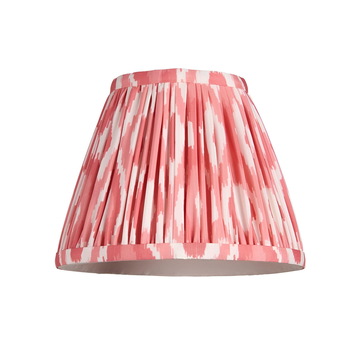 Endon Caldmere tapered pendant shade in pleated coral pink and white ikat fabric with taped edging, shown on a plain white background.