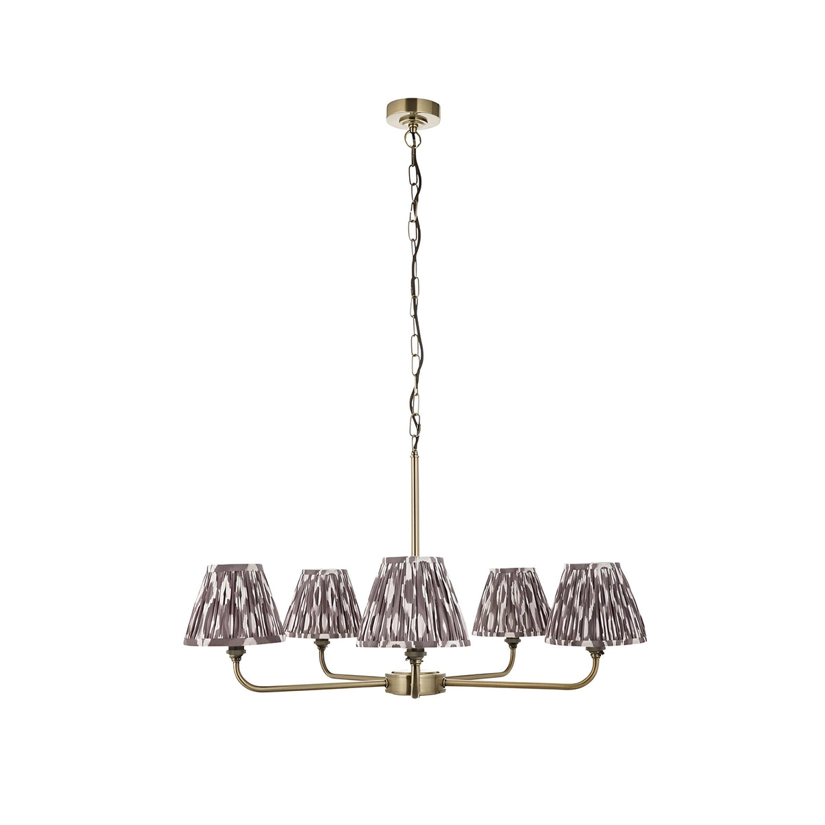 Caldmere 5 Light Ikat Pendant in antique brass with five pleated grey fabric tapered shades on a height-adjustable chain, shown on a plain white background.