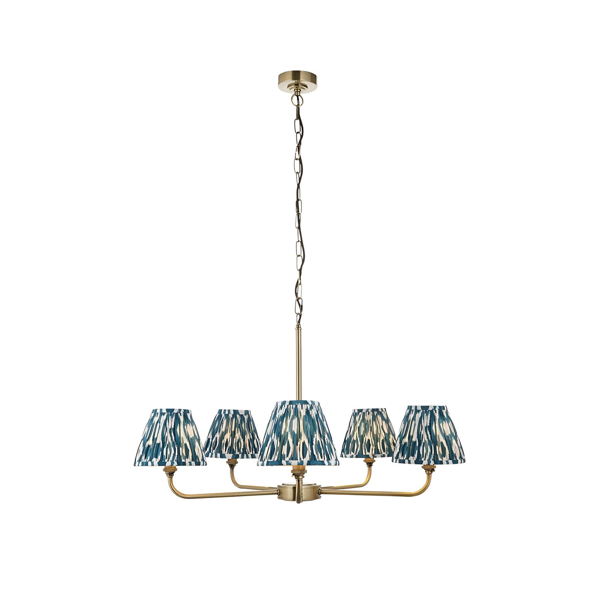 Endon Caldmere 5 light pendant with tapered pleated marlin blue ikat fabric shades on antique brass arms and chain, shown on a white background.
