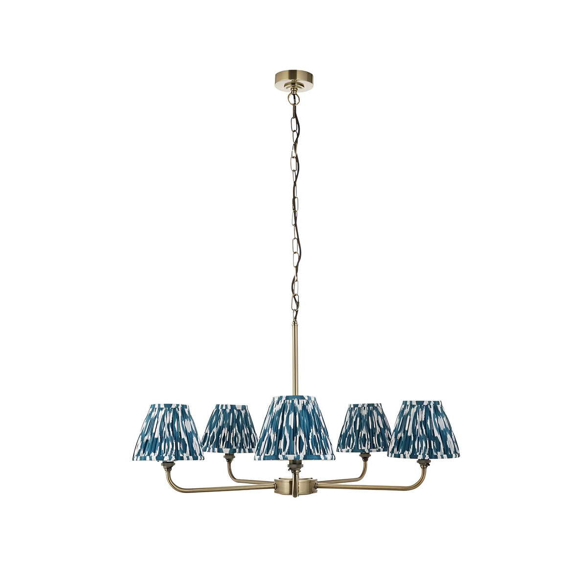 Endon Caldmere 5 light pendant with tapered pleated ikat shades in marlin blue on antique brass arms and chain, shown on a white background.