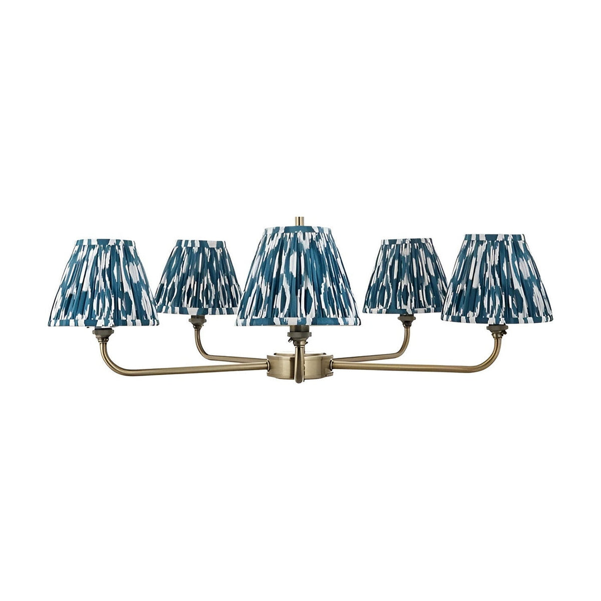 Endon Caldmere 5 light pendant with tapered pleated ikat shades in marlin blue on antique brass arms and chain, shown on a white background.