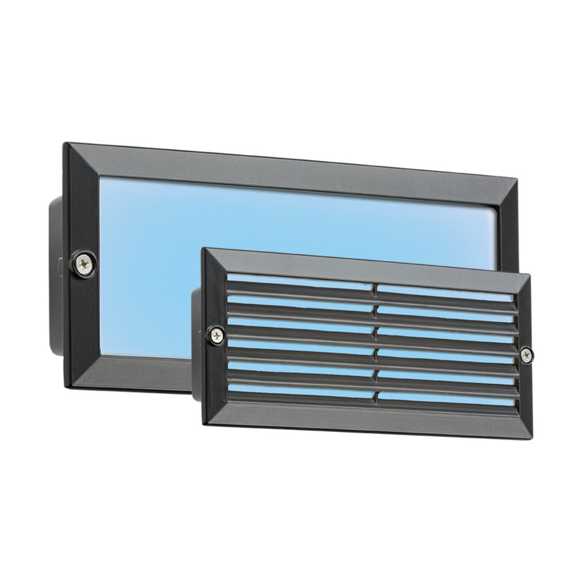 Introducing the Outdoor Blue LED Recessed Brick Light - Black Fascia, a set of two rectangular wall lights made of die-cast aluminum. One light features a frosted glass panel, while the other is adorned with a slatted cover. Both are encased in robust dark metal frames with visible corner screws and achieve an IP54 rating for enhanced durability.