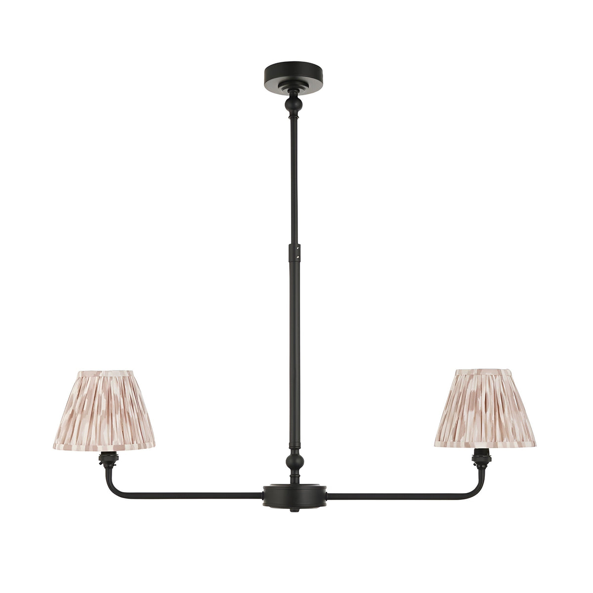 Endon Caldmere 2 light pendant with tapered pleated natural ikat fabric shades on a linear matt black telescopic stem, shown on a white background.