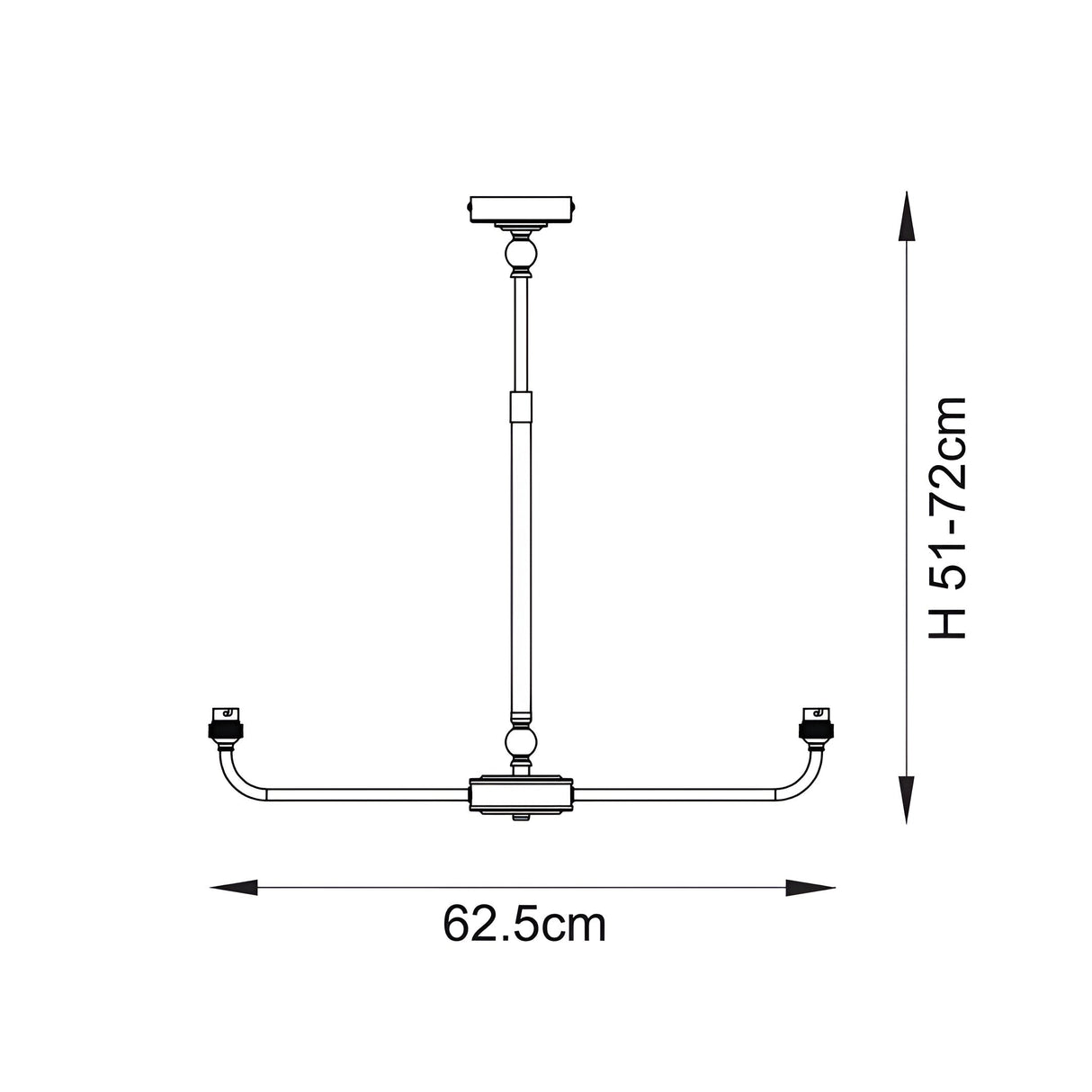 Endon Caldmere 2 light pendant dimensions diagram showing 62.5cm width and adjustable 51-72cm height on a plain background.