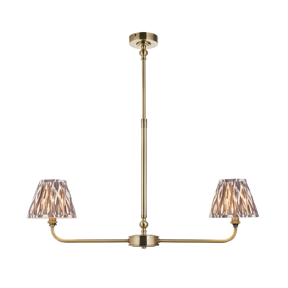Caldmere 2 Light Ikat Pendant in antique brass with grey pleated tapered shades on a linear telescopic stem, plain white background.
