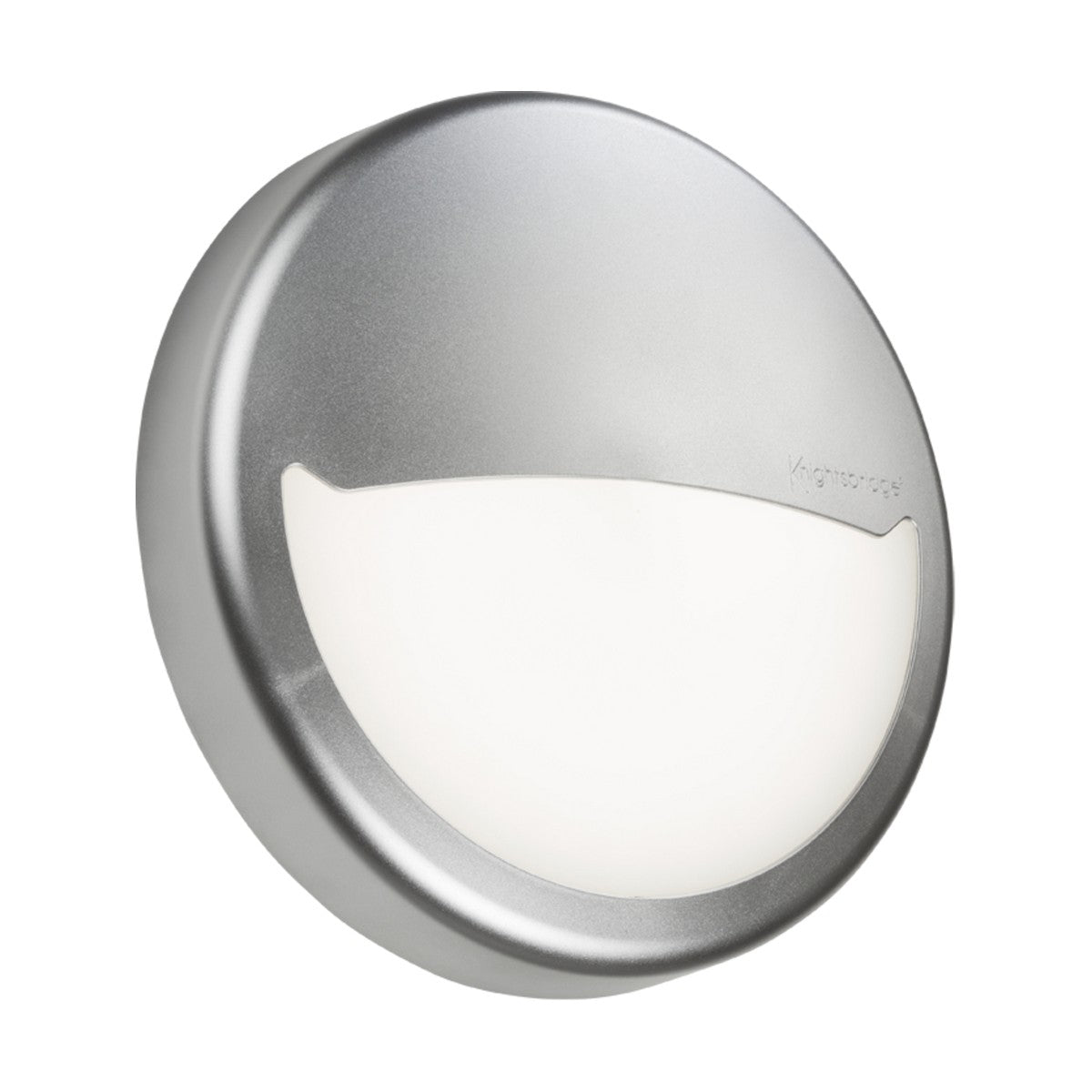 A round, metallic BT14 wall light fixture with a frosted white cover is elegantly complemented by the Eyelid Accessory For BT14 in Silver. Designed for sleek and modern aesthetics, it features a partial metal casing and an exposed semicircle that emits light.