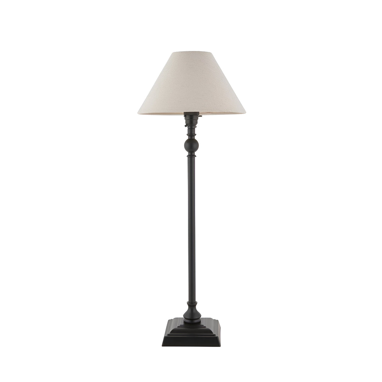 Endon Caldmont table lamp with slim matt black candlestick column, stepped square base and tapered natural linen shade on a plain background.