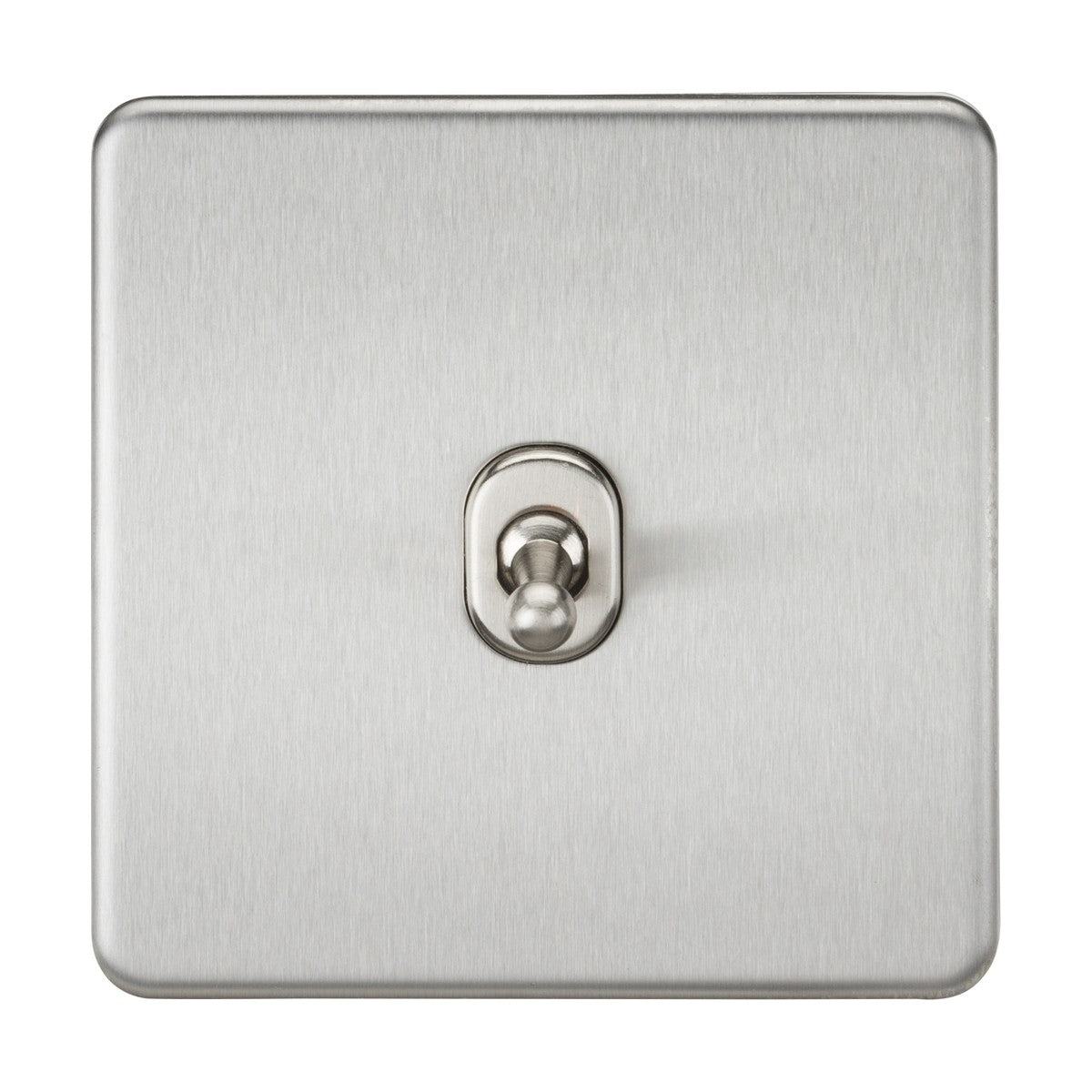 A 10AX 1 Gang 2-Way Toggle Switch in brushed chrome, featuring a square plate and a screwless design, centered against a plain background with the switch handle in the upward position, crafted from premium-grade material.