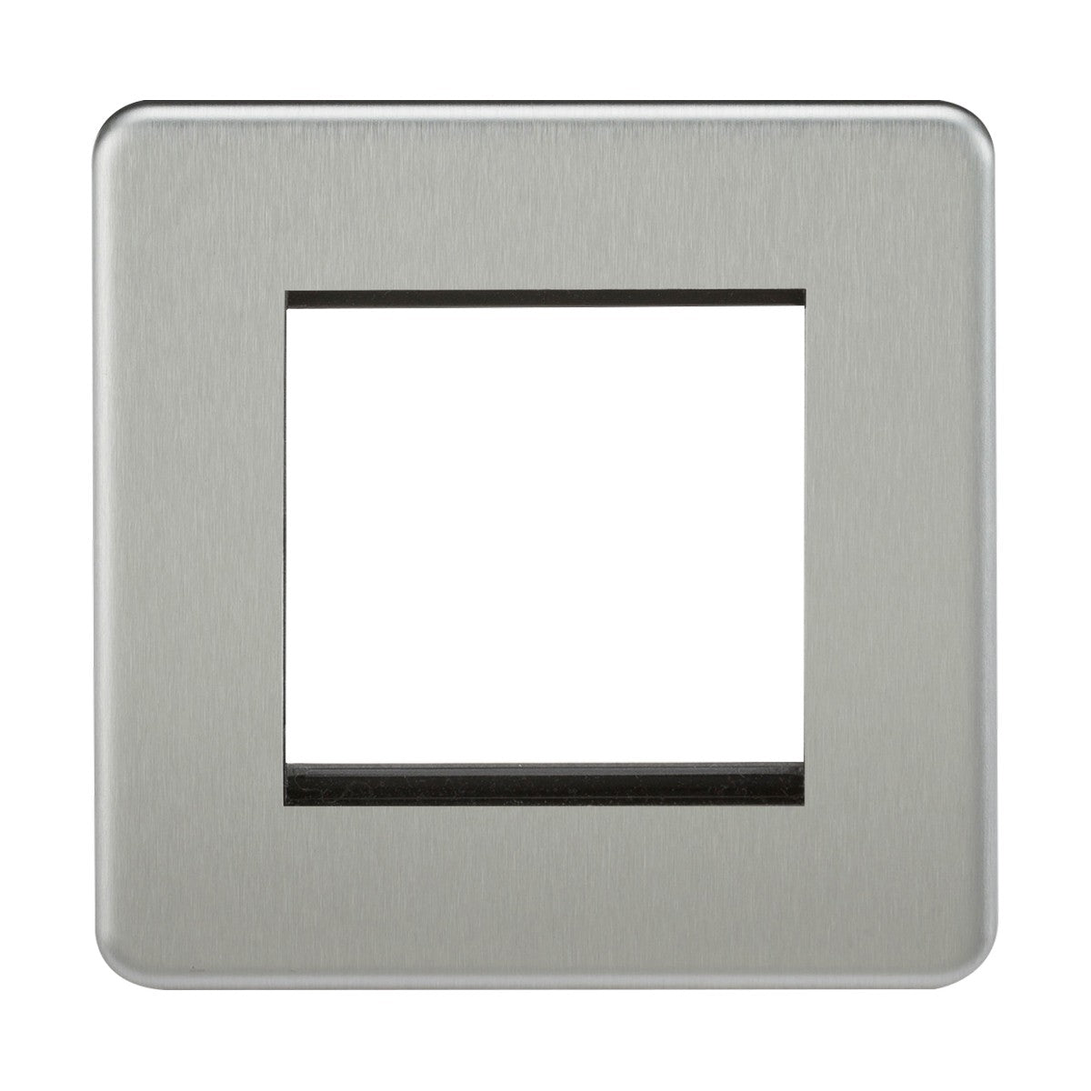 Introducing the 2 Gang Modular Faceplate in a square, silver-colored metal with a brushed chrome finish. Featuring a central cutout for electrical or light switches and its screwless design, it adds sleek sophistication to any space.
