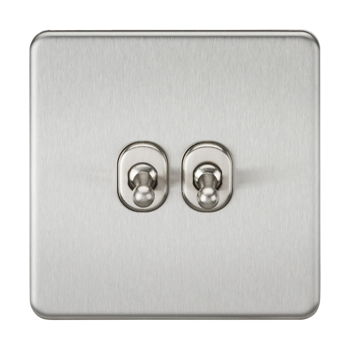 Introducing the 10AX 2 Gang 2-Way Toggle Switch with a premium, screwless design in brushed chrome. This modern and minimalistic switch is crafted from quality materials, featuring two easy-to-use rounded toggle switches mounted on a sleek, square plate.
