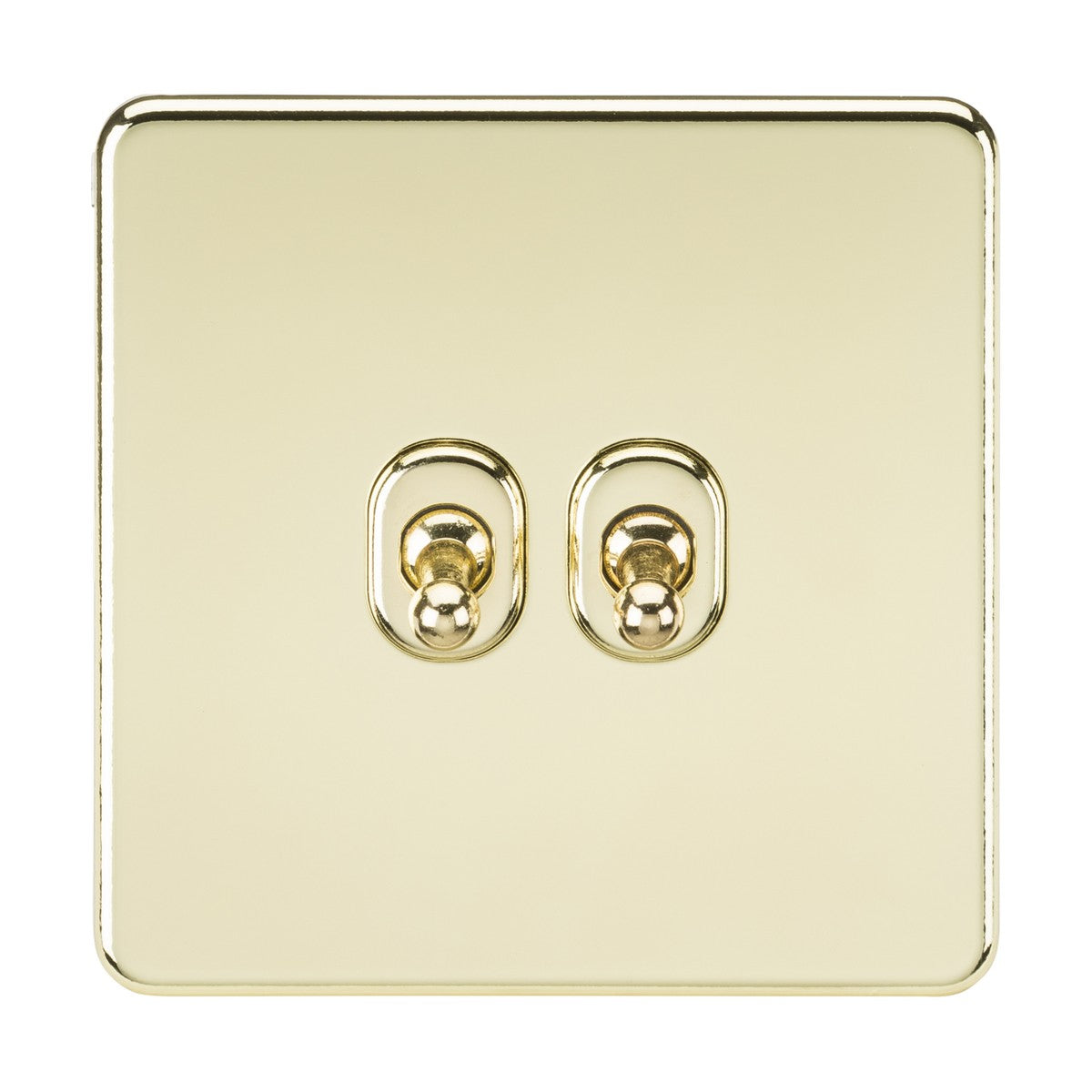 The 10AX 2 Gang 2-Way Toggle Switch in polished brass boasts an ultra-slim design with two centrally positioned toggle switches on a square, screwless plate. Its reflective surface enhances the elegant appearance.