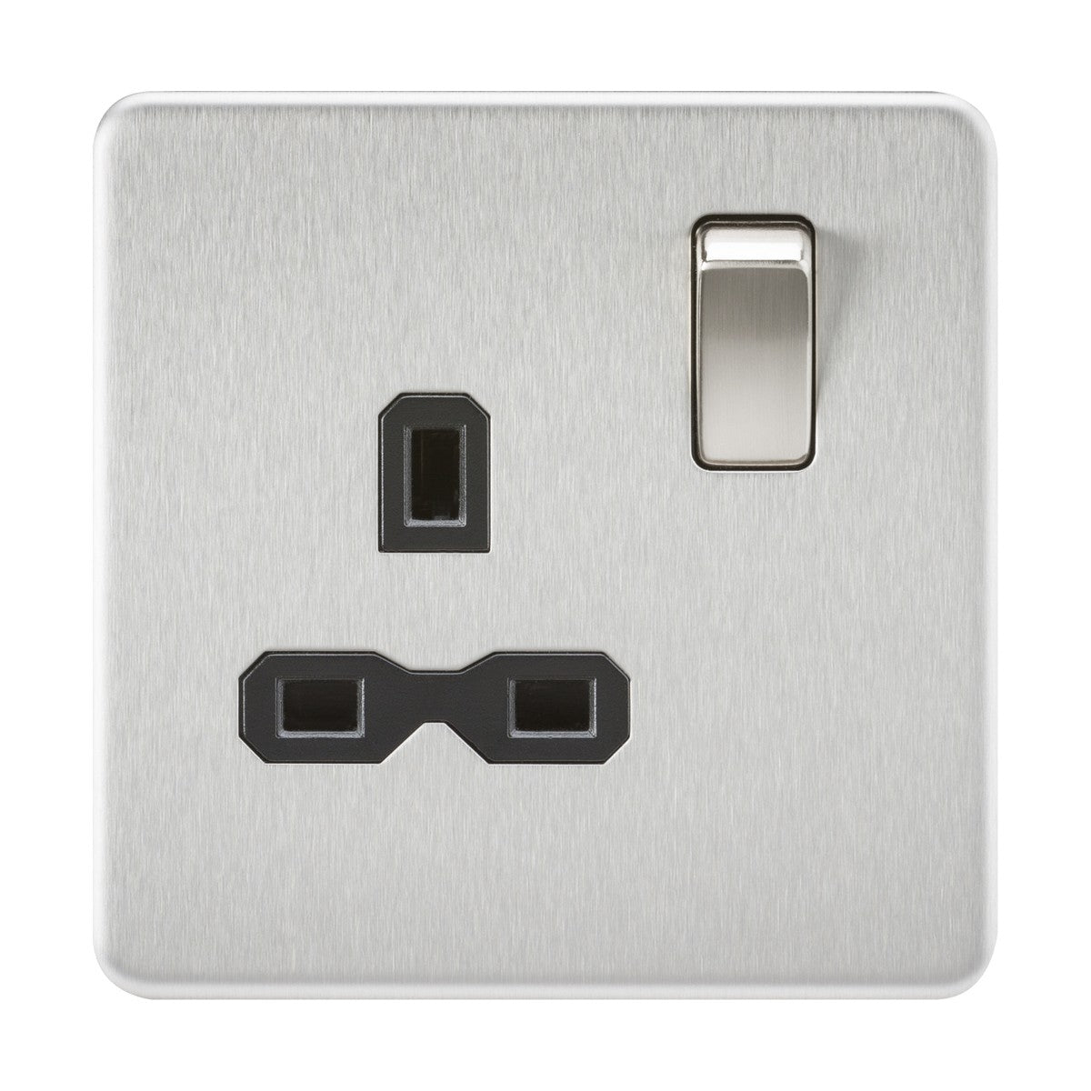 A detailed view of the 13A 1 Gang DP Switched Socket in brushed chrome showcases its elegant, screwless flat plate design with a black insert. This switched socket features one rectangular and two horizontal plug holes, along with a conveniently placed toggle switch on the right side for seamless use.