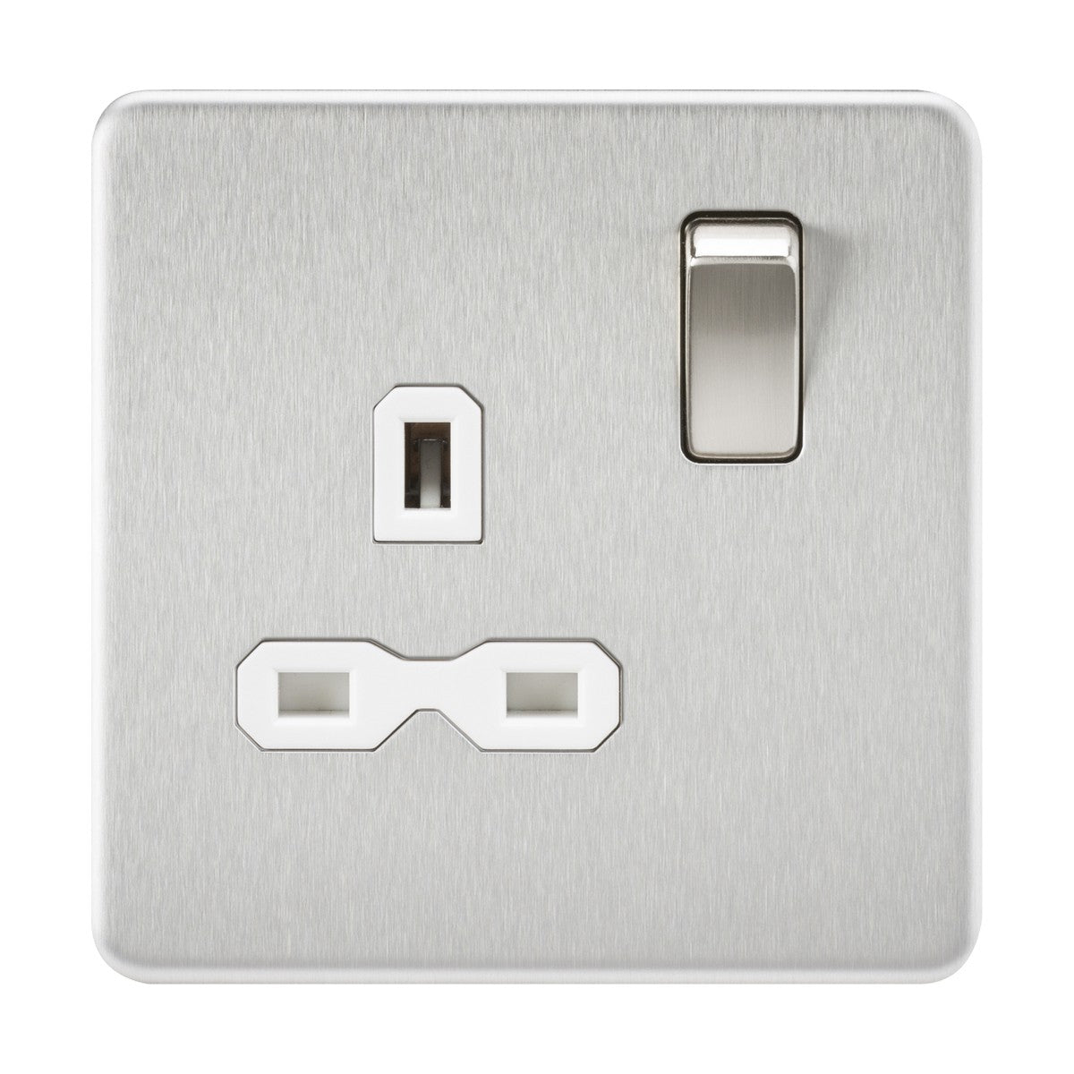 This modern electrical wall socket, named the 13A 1 Gang DP Switched Socket - Brushed Chrome, is characterized by its sleek screwless metal design. It features a brushed chrome finish with a white insert and includes a single switch along with a UK plug point, exuding minimalist elegance.