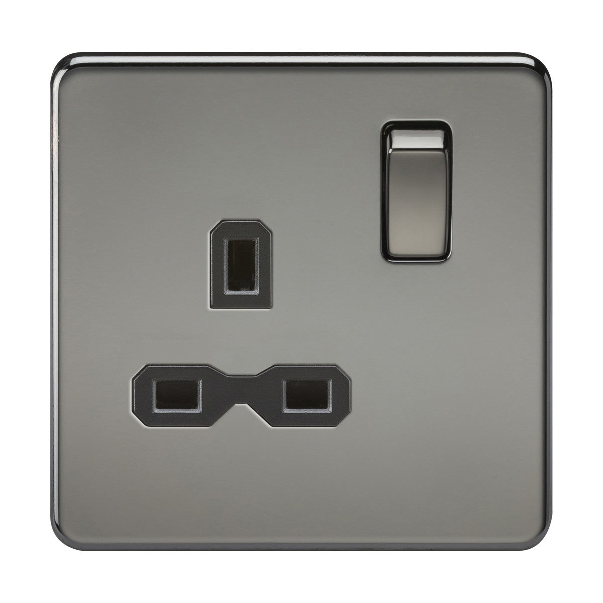 The 13A 1 Gang DP Switched Socket in Black Nickel with a black insert offers a sleek, screwless flat plate design in metallic gray, featuring a double-pole switch on the upper right and three rectangular pin holes for UK plugs, combining functionality with contemporary elegance.