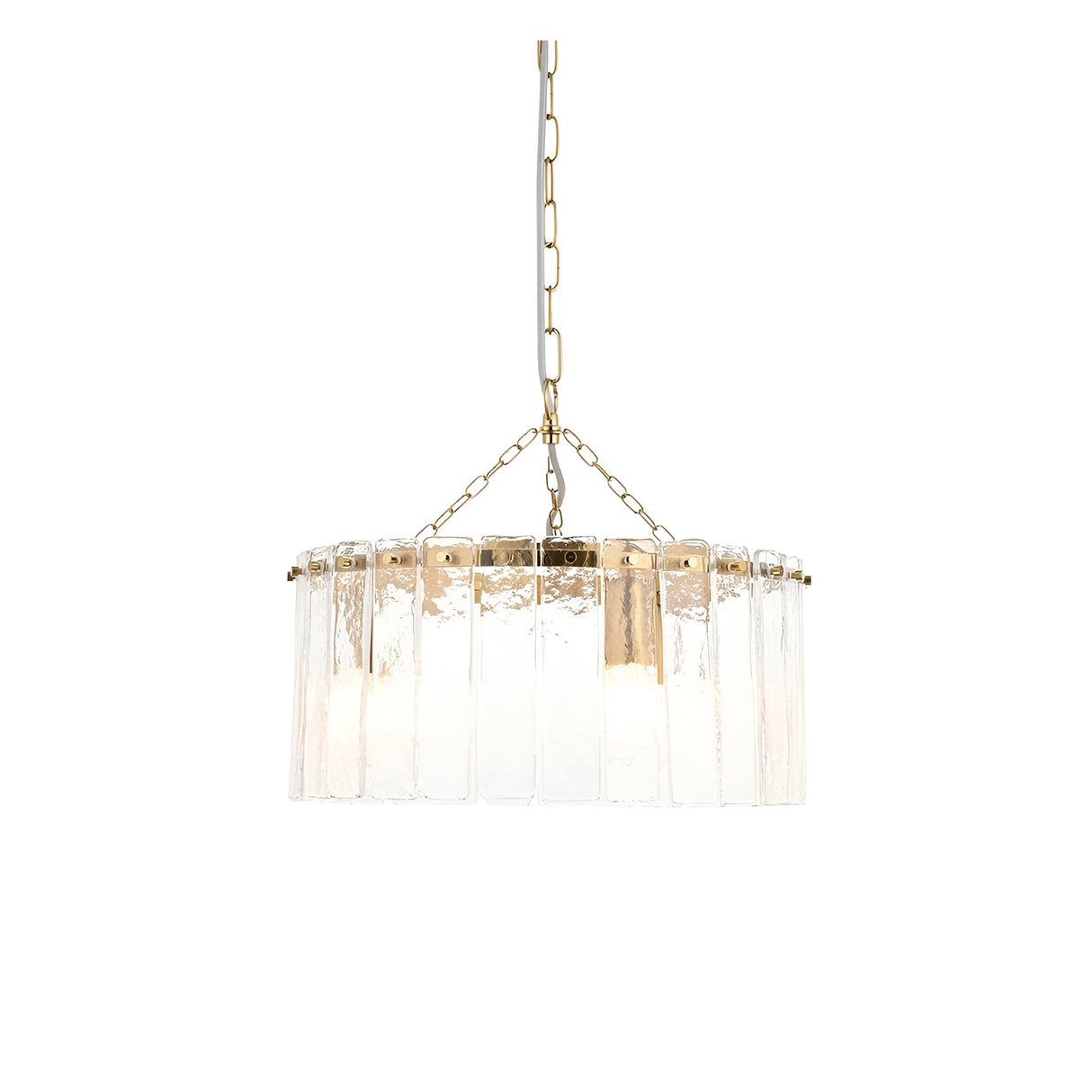 Brockhurst 3 Light Pendant in Brass with a circular drum of clear textured glass panels, suspended from a brass chain on a plain white background.