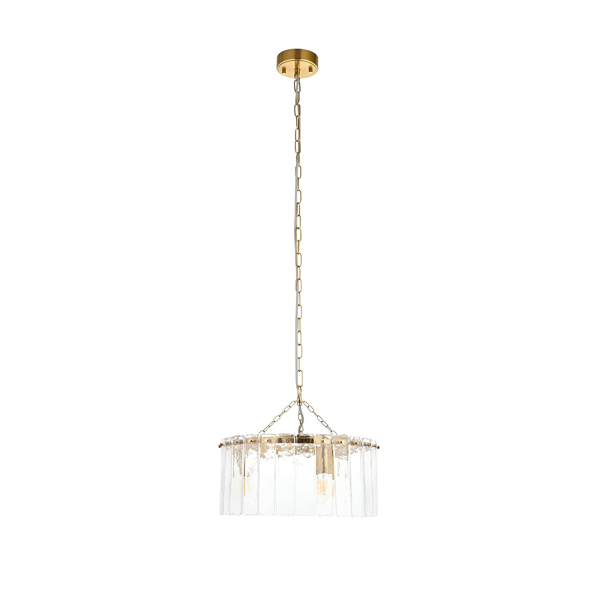 Brockhurst 3-light pendant in brass with a circular drum of clear textured glass panels, hung from a long chain on a white background.