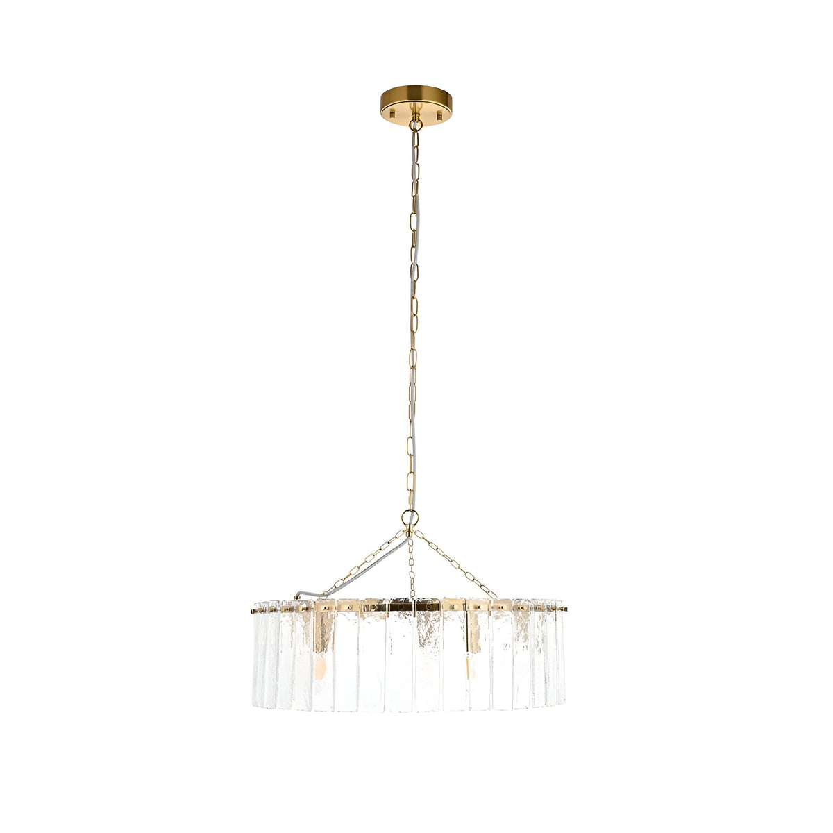 Endon Brockhurst 5 light pendant in brushed brass with a ring of handmade textured glass panels on a chain suspension, shown on a white background.