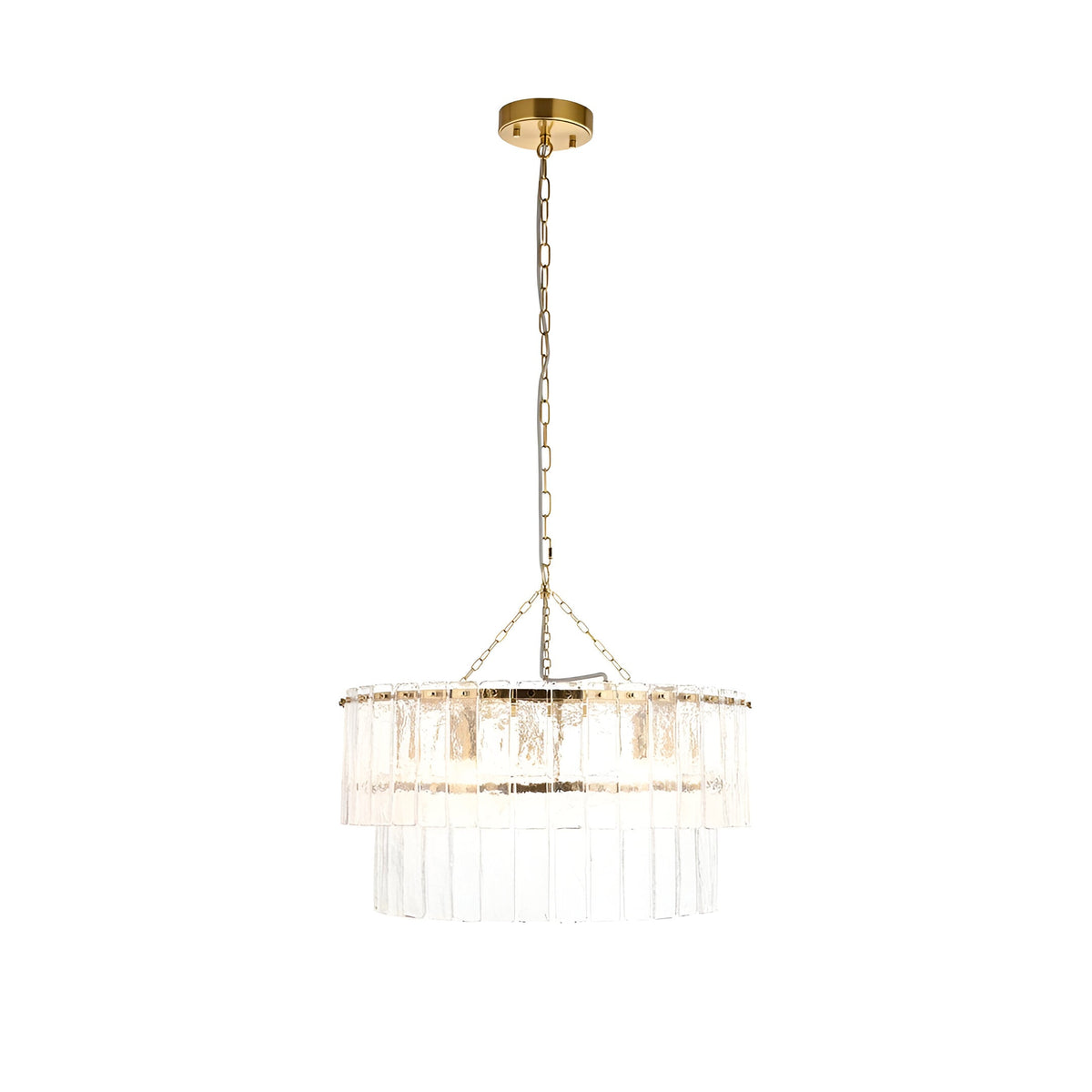 Endon Brockhurst 5 light chandelier with two tiers of textured glass panels and brushed aged brass frame on chain suspension, shown on white.