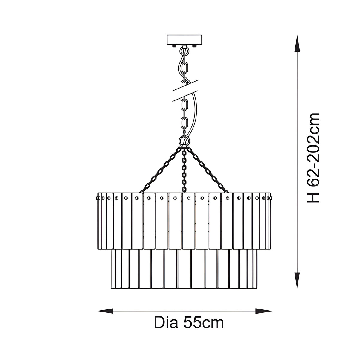 Endon Brockhurst 5 light chandelier dimension diagram showing 55cm diameter and adjustable height of 62 to 202cm.