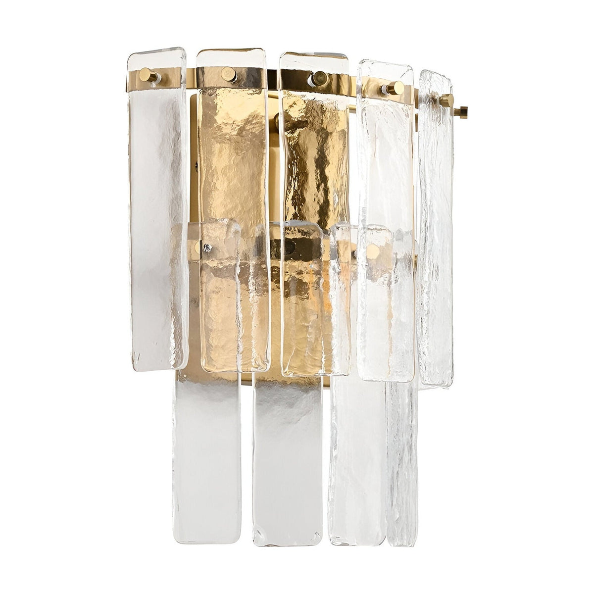 Brockhurst Wall Light in Brass, featuring layered textured glass panels framed by a brushed antique brass backplate, shown on a plain white background.