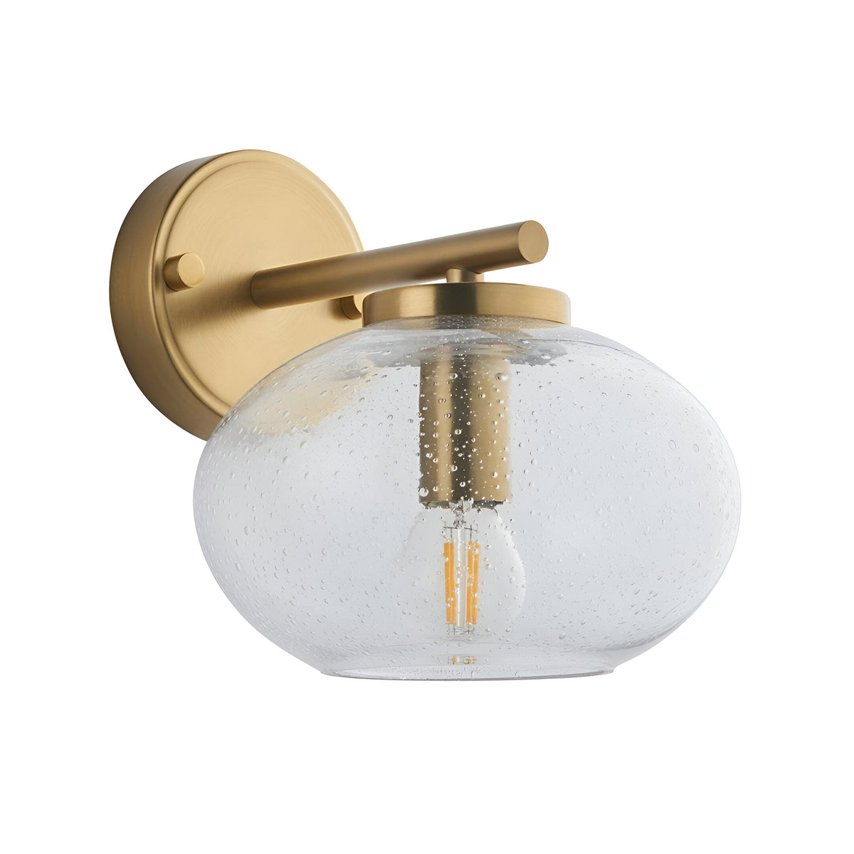 Endon Pemberton wall light in brass with a hand-blown clear bubbled glass globe shade and single E14 filament lamp, shown on a white background.