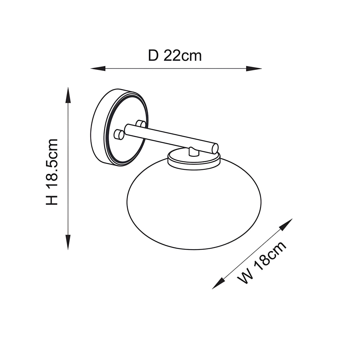 Technical dimension diagram of the Endon Pemberton wall light showing height 18.5cm, width 18cm and projection 22cm on a white background.