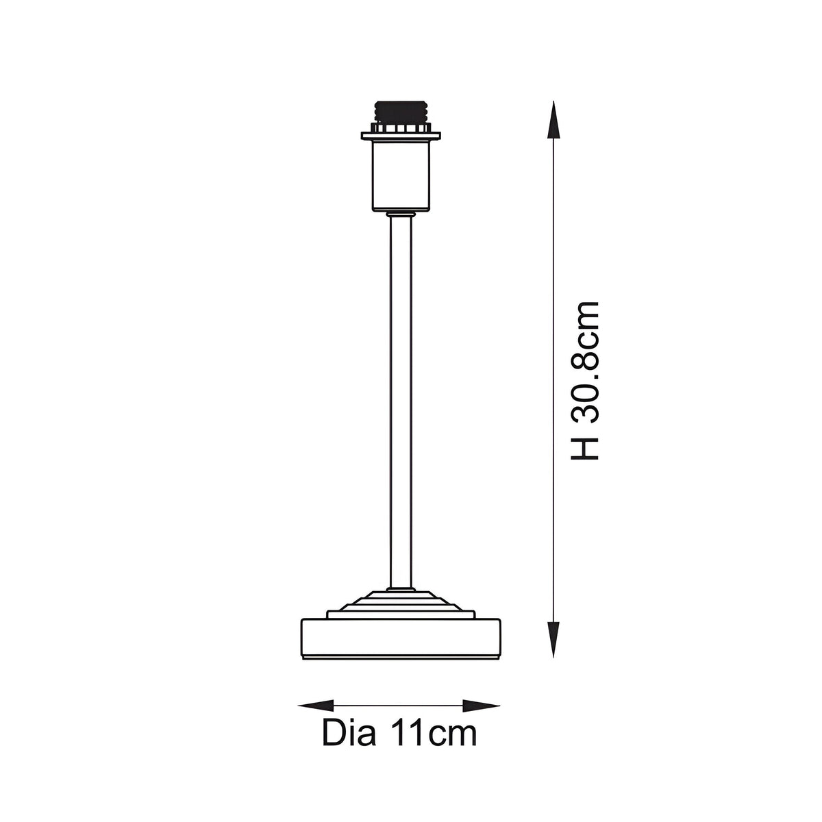 Dimensioned line drawing of the Endon Chartworth table lamp base showing a height of 30.8cm and diameter of 11cm with E14 bulb holder.