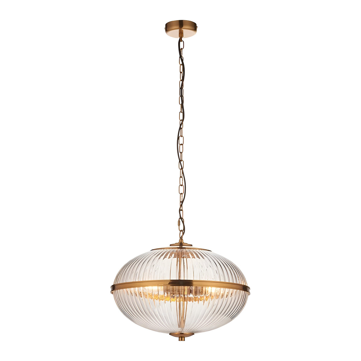 Langton 3 Light Pendant in brass with a ribbed two-part clear glass globe, brass band and adjustable chain, shown on a plain white background.
