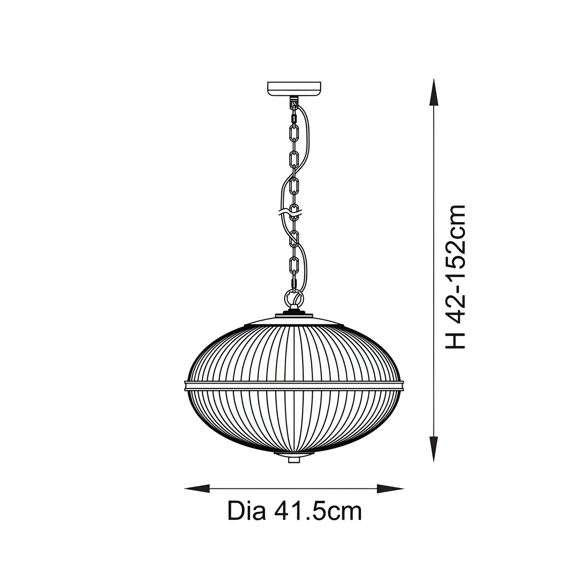 Line drawing of the Langton 3 Light Pendant in brass, showing ribbed glass globe on adjustable chain with dimensions Dia 41.5cm and H 42-152cm.