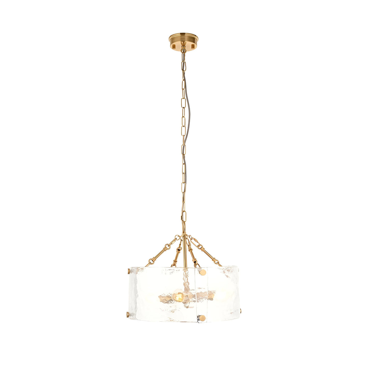 Brockmont 4 Light Pendant in brass with a cylindrical shade of ribbed, textured glass panels, hung from an adjustable chain on a plain white background.