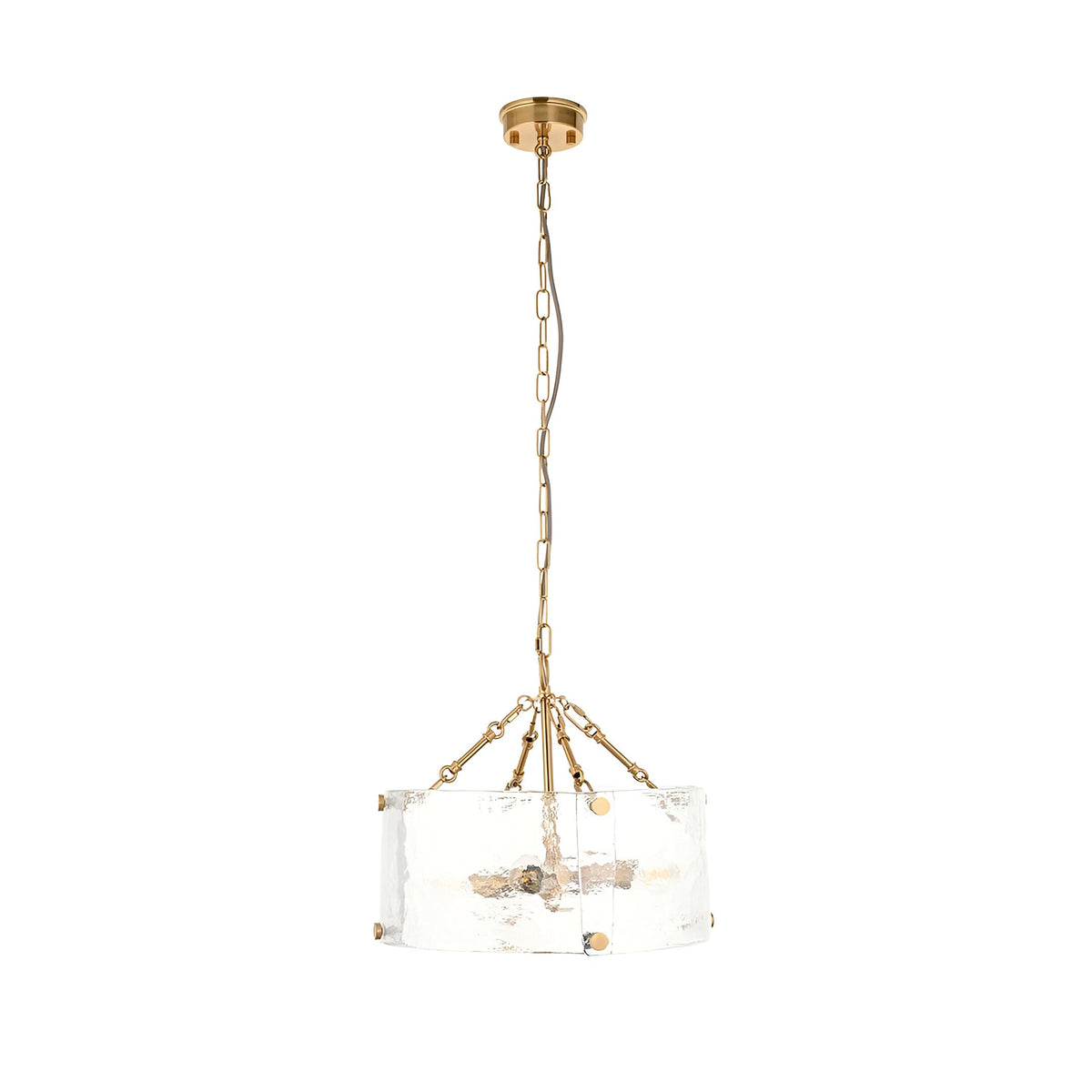 Brockmont 4 Light Pendant in brass, with a cylindrical shade of textured handmade glass panels on an adjustable chain, shown on a plain white background.