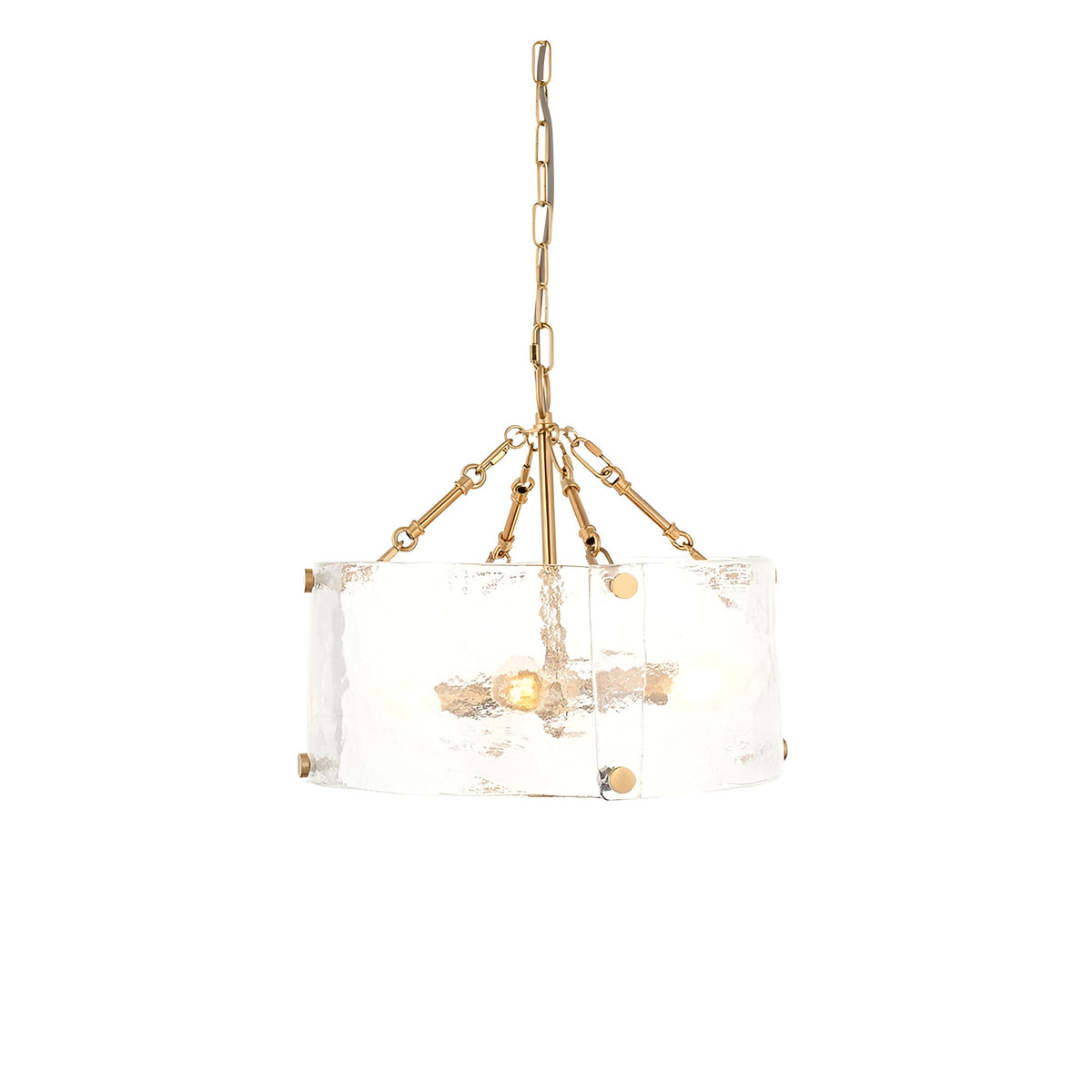 Brockmont 4-light brass pendant with a cylindrical shade of textured, rippled glass panels and decorative fixings, hung from a brass chain.