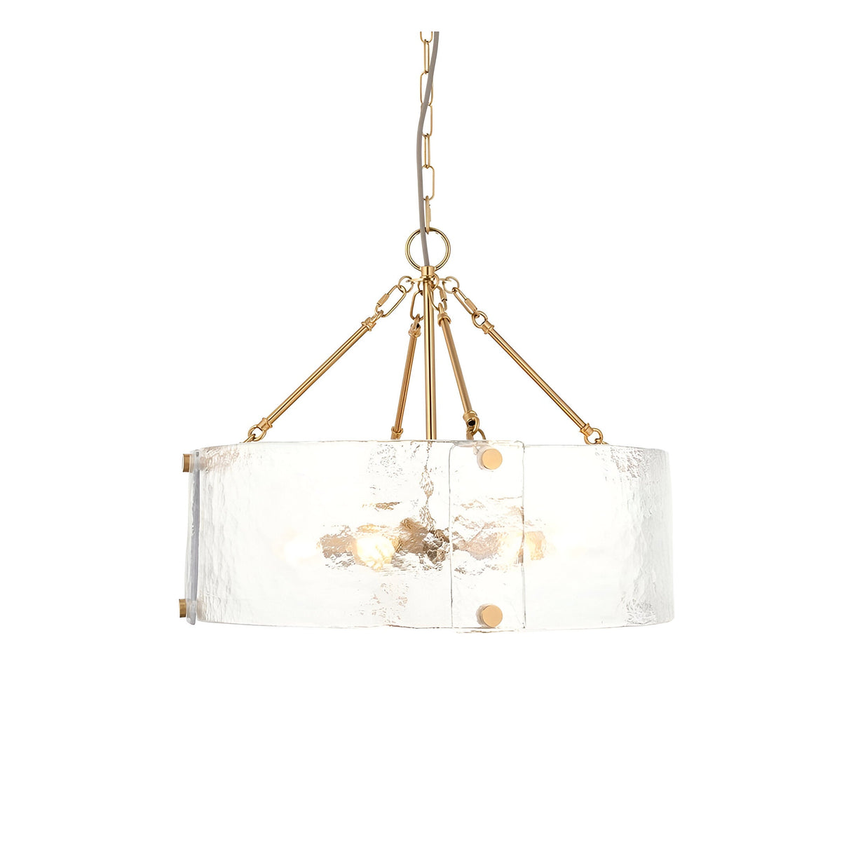 Endon Brockmont 6 light pendant with a rippled handmade glass cylindrical shade, brushed aged brass frame and chain suspension, on a white background.