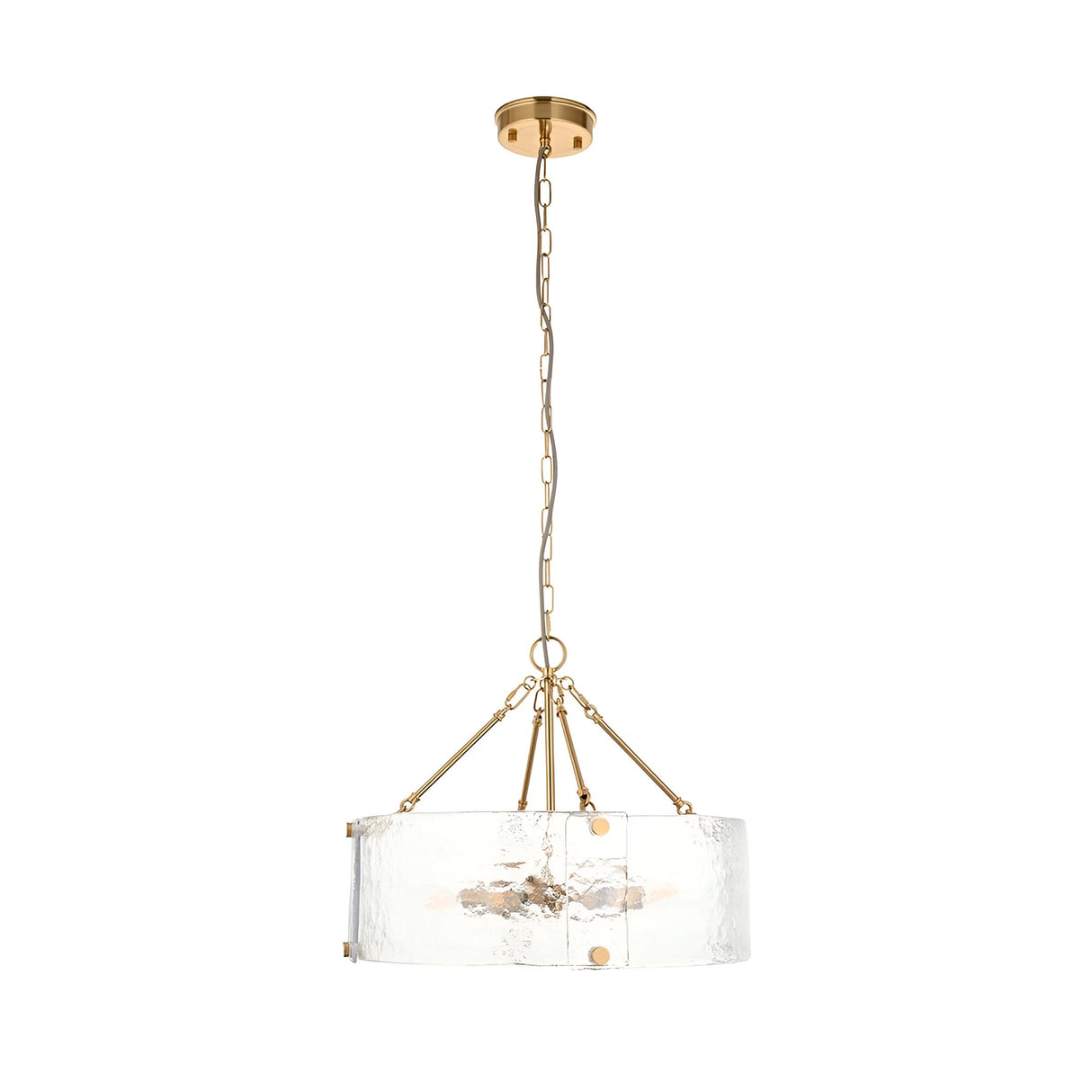 Endon Brockmont 6 light pendant with a rippled handmade glass cylinder shade and brushed aged brass frame on a chain, shown on a white background.