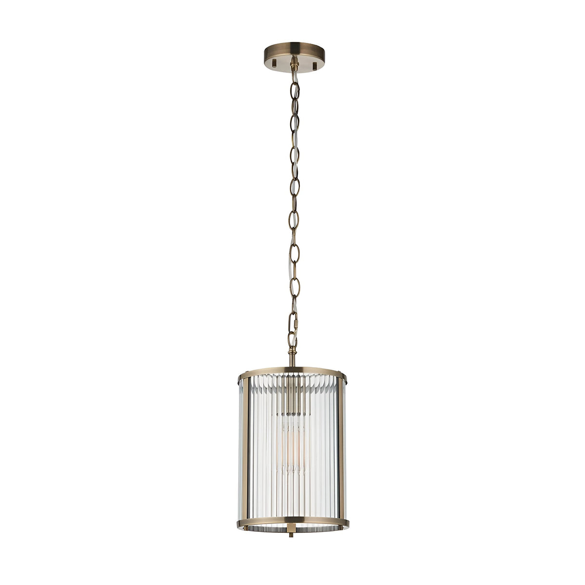 Endon Rothbury small pendant light with ribbed clear glass cylindrical shade and antique brass frame, suspended from a chain on a plain background.