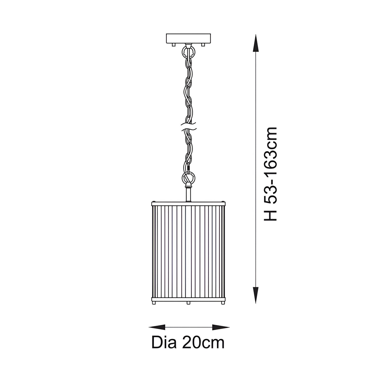 Dimension diagram of the Endon Rothbury brass pendant light showing 20cm diameter and adjustable height range of 53–163cm.