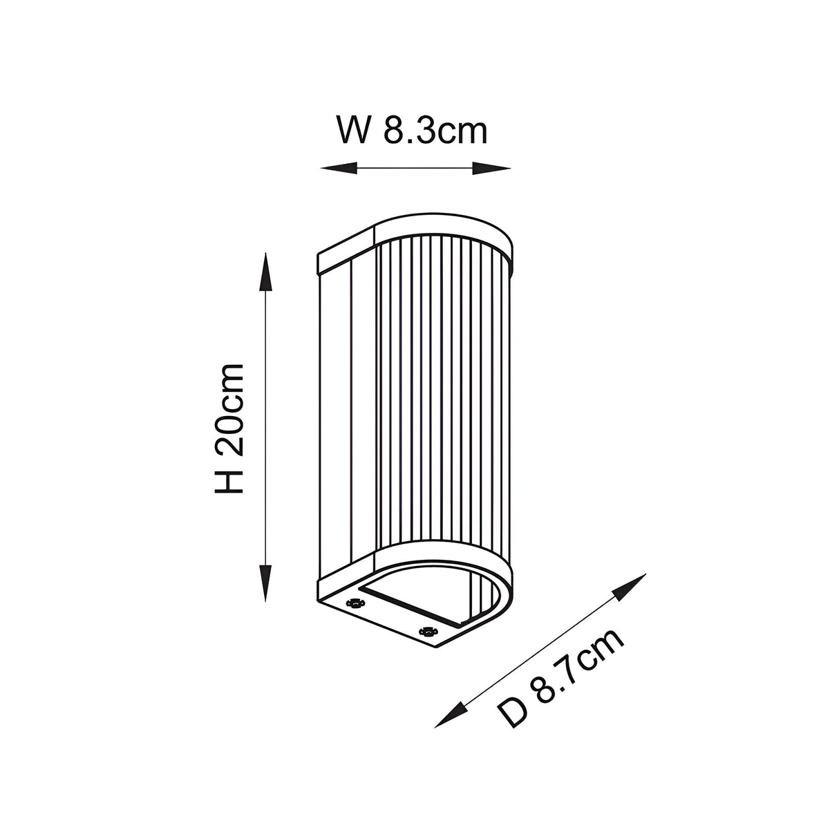 Dimension diagram of the Endon Rothbury wall light showing 20cm height, 8.3cm width and 8.7cm projection on a plain white background.